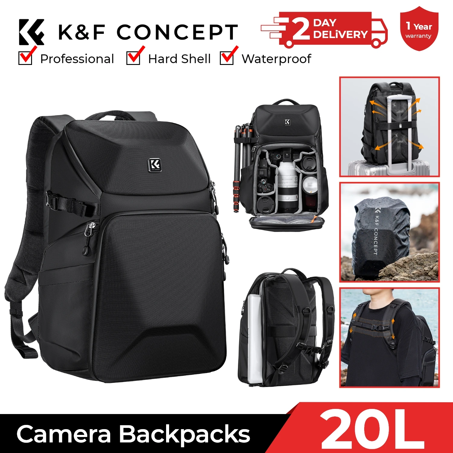 Photography Lighting Bag - K&F CONCEPT 20L Kamera Sırt Çantası